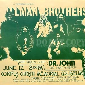 Pôster da banda Allman Brothers 28 x 35 cm | Magnífica obra de arte de concerto de 1972 | Live In Texas | Corpus Christi Memorial Coliseum | Legendary American Music | Dr. John | The Night Tripper | (CDs)