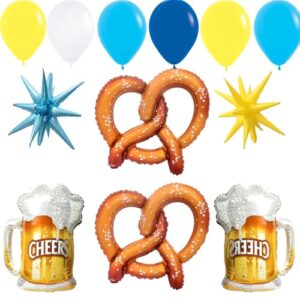 Balão de decoração de festa Oktoberfest, pretzel e caneca de cerveja, balões de alumínio com látex azul amarelo e balões estrelados, suprimentos para festivais de cerveja bávaros alemães para bar, pub (Cervejas)