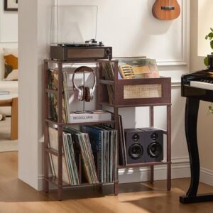 LELELINKY Suporte para toca-discos, vintage de madeira de nogueira com armazenamento de vinil, comporta até mais de 300 álbuns, mesa de mídia de vime de 3 camadas com prateleira de exibição de vinil (Equipamentos)