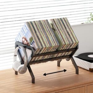 Suporte para Vinil, Rack de Armazenamento de Discos de Vinil, Porta Vinils de Metal com Design Extensível e Gancho para Fones de Ouvido, Ideal para Sala de Estar, Quarto e Escritório (Equipamentos)