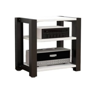 Suporte de armazenamento de mídia de madeira e aço de áudio HiFi ajustável para home theater, quarto, escritório, 60 x 60 cm (23,6 x 23,6 pol), acabamento branco elegante (Equipamentos)