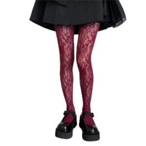 Meia-calça arrastão de cintura alta para mulheres, meia-calça com suspensório na altura da coxa, meia-calça sexy com estampa de renda transparente, 6165 - Vinho tinto, Tamanho Único (Vinhos)