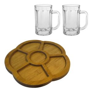Kit Chopp com 2 Canecas de Vidro e Petisqueira de Bambu Premium – Conjunto Completo para Servir Cerveja, Petiscos, Happy Hour, Churrasco e Presentear (Cervejas)