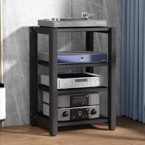 Rack HiFi com aberturas de gerenciamento de cabos vintage marrom e preto, perfeito para toca-discos, sistemas estéreo, equipamentos de alta fidelidade e roteadores Wi-Fi, pele de áudio elegante (Equipamentos)