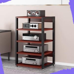 Rack de mídia AV resistente de 4 níveis | Suporte HiFi de 90 cm para amplificadores e toca-discos | Tela de armazenamento de áudio com acabamento teca para sistemas de home theater e entretenimento (Equipamentos)