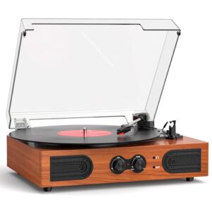 Leitor de discos de vinil com alto-falantes estéreo embutidos, toca-discos vintage de 3 velocidades, controle de graves/agudos, conector de fone de ouvido, saídas RCA/AUX, leitor de LP acionado por (Discos de Vinil)