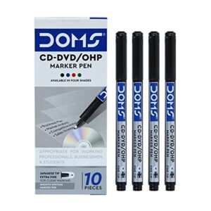 Doms Canetas CD-DVD/OHP | Ponta japonesa de ponta fina para marcação clara | Marcas na maioria das superfícies | Sistema exclusivo de auto-hidratação | Tinta preta, pacote com 10 (CDs)