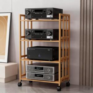 Rack de áudio de bambu natural sobre rodas Suporte de mídia HiFi de 4 níveis com prateleiras ajustáveis Armazenamento de discos de vinil Armário aberto para toca-discos (50 x 38 x 123 cm) (Equipamentos)