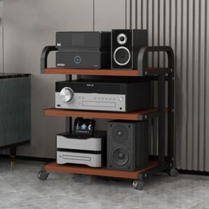 Suporte estéreo móvel de 3/4/5 níveis de alta fidelidade com rodas universais, prateleiras de suporte multimídia, armazenamento de discos de vinil, design preto de madeira e metal para home theater (Equipamentos)