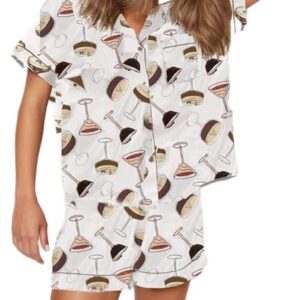 Juakoso Conjunto de pijama feminino com garrafa de champanhe, estampa de lata de vinho, conjuntos de pijama de cetim de seda, conjunto de 2 peças de manga curta e shorts, Impressão em taça E-wine, G (Vinhos)