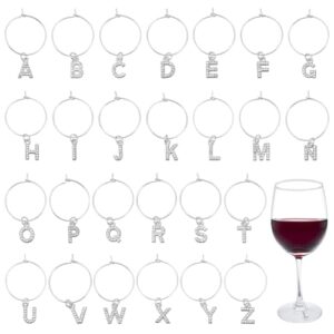 WEBEEDY 26 peças de marcadores de taça de vinho com letras prateadas, pingentes brilhantes de strass para taças de caule, identificadores de bebida para champanhe, coquetéis, festas, jantares de (Vinhos)