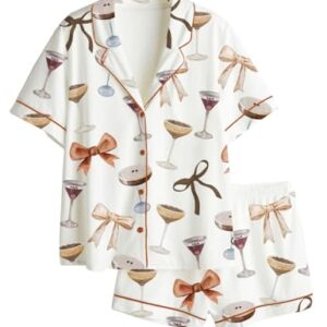 Juakoso Conjunto de pijama feminino engraçado com garrafa de champanhe, estampa de vinho, conjunto de pijama de cetim de seda Y2k Espresso Martini, A cáqui, P (Vinhos)