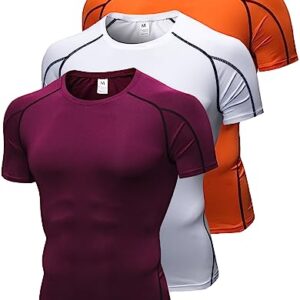 Pacote com 2/3 camisetas masculinas de compressão, manga curta, para treino, roupas íntimas, camisetas esportivas de camada básica, camisetas de corrida, Laranja + vinho + branco, G (Vinhos)