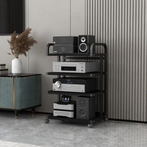 Suporte estéreo móvel de 3/4/5 níveis de alta fidelidade com rodas universais, prateleiras de suporte multimídia, armazenamento de discos de vinil, design preto de madeira e metal para home theater (Equipamentos)