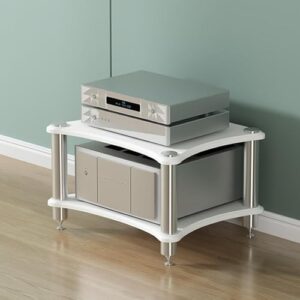 Suporte estéreo de mídia de madeira – Rack de canto AV de 4 níveis para toca-discos, console de entretenimento em torre HiFi – solução de armazenamento elegante para equipamentos de áudio doméstico (Equipamentos)