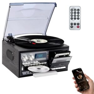 VEDO 9 em 1 Toca-Discos, com BT 5.0, Alto-Falantes Estéreo, Giradiscos 3 Velocidades (33/45/78 RPM) Para Vinil, USB/SD/MMC, Conversor LP/MP3 Via USB - Madeira Elegante, Escolha dos Amantes da Música (Discos de Vinil)