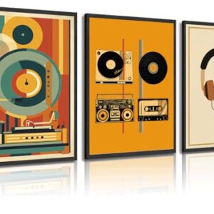 3 peças de arte de parede de música vintage estilo Bauhaus vinil toca-discos decoração de parede elegante cassetes em tela impressa arte para sala de estúdio de gravação clube decoração de casa (Discos de Vinil)