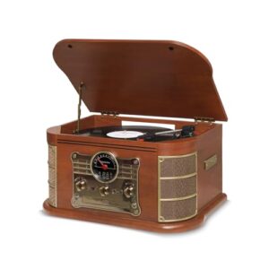 Raveo Vitrola Spazio Evo com Toca-discos de 3 velocidades, Rádio FM, CD Player, USB e SD (reproduzem e gravam), entrada e saída auxiliares e tecnologia de conexão Bluetooth. (CDs)