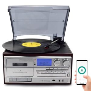 Toca-discos vintage, toca-discos de vinil de 3 velocidades com receptor Bluetooth, CD, cassete, codificação USB, rádio FM/AM, AUX, saída de fone de ouvido, alto-falantes estéreo (Equipamentos)