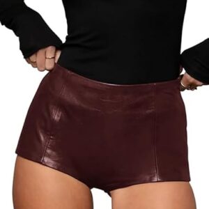 Short feminino de couro sintético cintura alta sexy stretch skinny mini shorts hot pants part club wear outfit, Vinho tinto, GG (Vinhos)