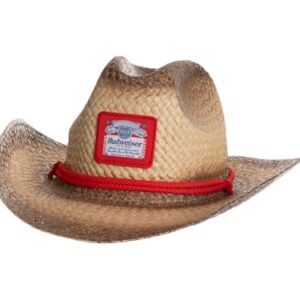 Budweiser Chapéu de cowboy de palha – Chapéu com logotipo de cerveja ocidental com faixa de corda vermelha, chapéu de cowboy de palha envelhecido para homens e mulheres, chapéu de rodeio leve e (Cervejas)