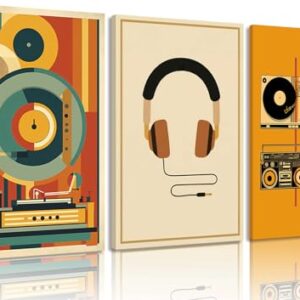3 peças de arte de parede em tela vintage estilo Bauhaus vinil toca-discos pintura de parede decoração de parede cassetes de gravação elegante pôster arte para sala de gravação estúdio clube decoração (Discos de Vinil)
