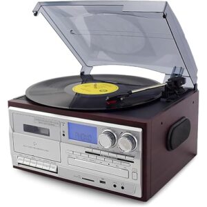 Toca-discos Bluetooth 9 em 1, toca-discos vintage de 3 velocidades com alto-falantes integrados e CD player, suporta vinil/CD/cassete/rádio/USB/SD, ideal para streaming e áudio doméstico (Discos de Vinil)