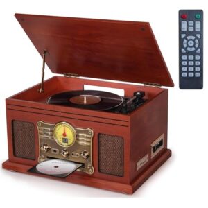 VEDOP Toca-Discos 10 Em 1, Bt 5.0, Toca-Discos De 3 Velocidades (33/45/78 RPM), Para Vinil Com Alto-Falantes, Conversor LP Para MP3, CD, Toca-Fitas, RáDio Fm, Streaming Sem Fio, 110V/220V (CDs)
