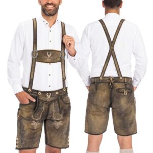 BAVARIA TRACHTEN Traje Lederhosen Masculino Oktoberfest – Couro Genuíno, Lederhosen Masculino Alemão – Marrom Encerado Antigo – Curto – Us 34 (Cervejas)