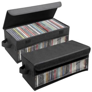 Dntorx Pacote com 2 caixas de armazenamento de CD, suporte de CD com alças, tampa de 36 x 13 x 13 cm, caixa organizadora empilhável de CD com janela transparente, comporta até 64 CDs em estojos de (CDs)