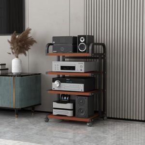 Suporte estéreo móvel de 3/4/5 níveis de alta fidelidade com rodas universais, suporte multimídia, armazenamento de discos de vinil, design preto de madeira e metal para home theater (Equipamentos)