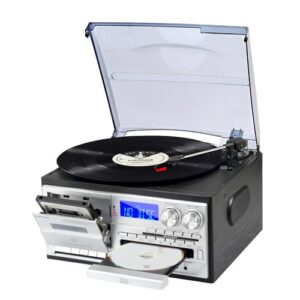Leitor de discos 9 em 1 com toca-discos de 3 velocidades, Bluetooth, leitor de CD, cassete, rádio AM/FM, reprodução USB/SD e AUX-in, leitor de discos de vinil retrô com alto-falantes integrados (Equipamentos)