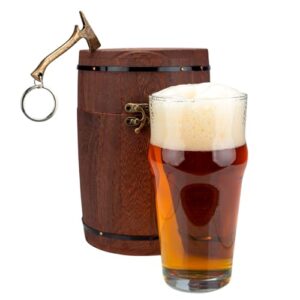 Conjunto de presente de cerveja XWOOD – Copo de vidro com caixa de barril de madeira e abridor de garrafas de metal | Presentes de cerveja exclusivos para homens (Cervejas)