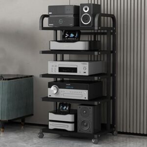 Suporte de mídia estéreo moderno de 5 níveis com rodas – Rack de torre de áudio e vídeo de madeira resistente para armazenamento de canto, ideal para TV e sistemas de entretenimento de alta fidelidade (Equipamentos)