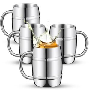 Ninehaoou 4 peças de aço inoxidável 304 canecas de barril de 425 g de parede dupla copo de café caneca de cerveja com alça para festa, viagem, copo de chá, isolado frio, bebidas quentes (Cervejas)