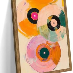 Arte de parede de disco de vinil vintage - decoração de música em tela emoldurada para sala de estar e estúdio, pintura a óleo abstrata colorida em moldura de madeira, impressão de toca-discos retrô (Discos de Vinil)