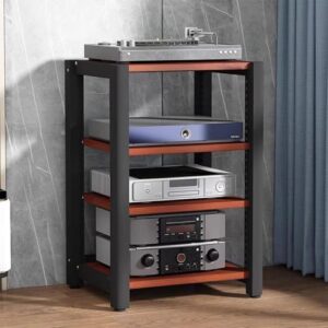 Prateleira multifuncional de madeira e aço para escritório, home theater e sistema de áudio Hi-Fi, suporte de mídia ajustável para CD/DVD mesa lateral em camadas com espaço de armazenamento aberto (Equipamentos)