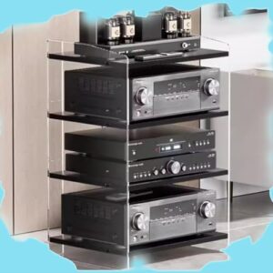 Rack de áudio acrílico de 3/4 camadas ajustável – Suporte de mídia para sistemas estéreo HiFi Prateleiras de madeira acabamento preto 40 x 52 x 60 cm – Solução de armazenamento ideal para componentes (Equipamentos)