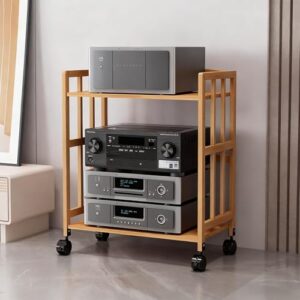Rack de áudio de bambu natural, suporte de mídia AV de 2 camadas, prateleira de gravação Hi-Fi, armário aberto para toca-discos com prateleiras ajustáveis (60 x 38 x 77 cm) (Equipamentos)