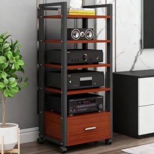 Suporte de áudio e vídeo HiFi com gaveta, 5 camadas, suporte para toca-discos, prateleira de mídia ajustável para armazenamento de discos de vinil Home Theater, marrom, 50 x 40 x 120 cm (Equipamentos)