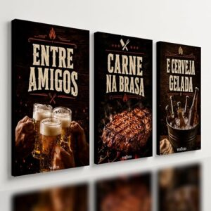 Kit3 Quadro Decorativo Churrasco Carne Cerveja Área Gourmet (28x20cm) (Cervejas)