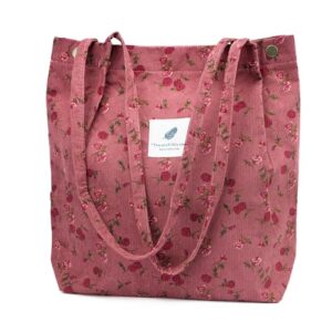 TOPASION Linda sacola de veludo cotelê de lona para mulheres, viagens, compras, Vermelho vinho rosa, Large (Vinhos)