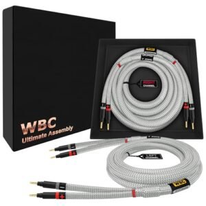 WORLDS BEST CABLES 12 pés Ultimate - 7 AWG - Ultra-Pure OFC - Cabo de alto-falante audiófilo HiFi extra premium par com plugues banana dourado Eminence e jaqueta de tweed prata (Equipamentos)