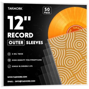 TAKMORK Record Sleeves Vinyl Album Covers: 12" LP Vinyl Record Protective Sleeves | Crystal Clear & Durable 3 Mil Thick Record Outer Sleeves, 50 Pcs (CDs)