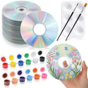 Sabary Kit de pintura de CD DIY 29 peças, presente inclui 24 peças de CDs em branco de 12 cores, tinta acrílica com 2 pincéis, ideal para CD Art Craft Kit para projetos criativos, atividades de (CDs)