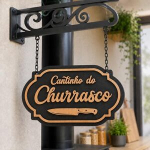 Placa Decorativa Cantinho do Churrasco Com Detalhes Amadeirado Área Gourmet Churrasqueira(Faca) (Cervejas)