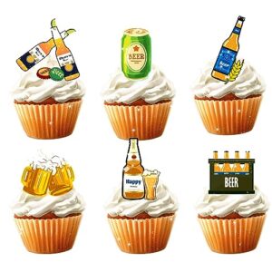 18 peças de topos de cupake de cerveja para homens mulheres aniversário Oktoberfest Cheers and Beers tema festa suprimentos vinho feliz 20º 30º 40º 60º 70º aniversário dourado decorações de bolo (Cervejas)
