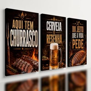 Kit 3 Quadro Decorativo Churrasco Carne Cerveja Área Gourmet (28x20cm) (Cervejas)