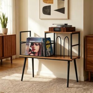 Chloraeon Suporte para toca-discos com armazenamento de vinil, comporta até 200 álbuns, suporte de toca-discos e mesa de toca-discos, armário de armazenamento de vinil para sala de estar (Equipamentos)