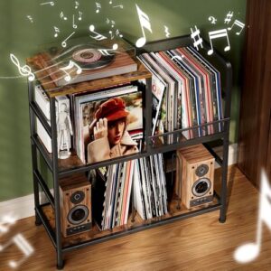 Huxitocan Suporte para toca-discos comporta até 150 álbuns com 4 divisórias ajustáveis para suporte de toca-discos, mesa vintage para toca-discos, suporte de casco de vinil (Equipamentos)
